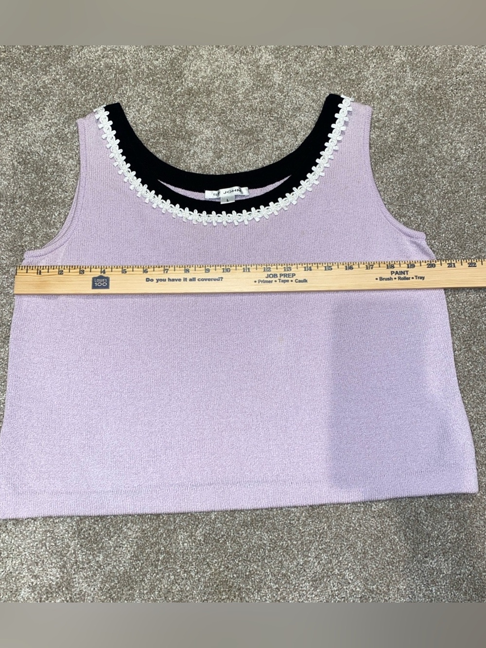 St John Santana Knit Lavender Tank Top Size L Boxy Shell Black & White Trim USA - Picture 8 of 9